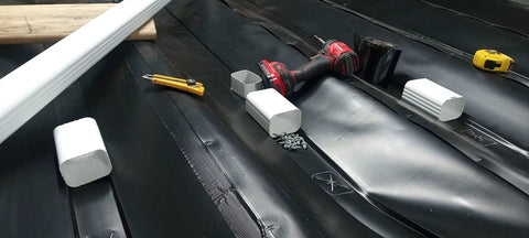 Dry Under Deck Drainage System Roll For 50 Feet, Fits 12 Inch Joists, 30 Mil Thick Black Trough Top, White Downside, Easy On Top Of Joists Install, Self Sealing Tape Joints, Screw Downspouts For Quick Water Evacuation And Dry Storage