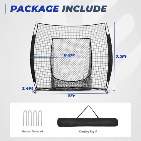 7 By 7 Ft Baseball And Softball Batting Net For Practice Hitting And Pitching with ground stakes and carry bag visible