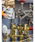 Brass reducing coupling 1/2 in female to 1 in female NPT; collage of under-sink plumbing with braided lines and valves.