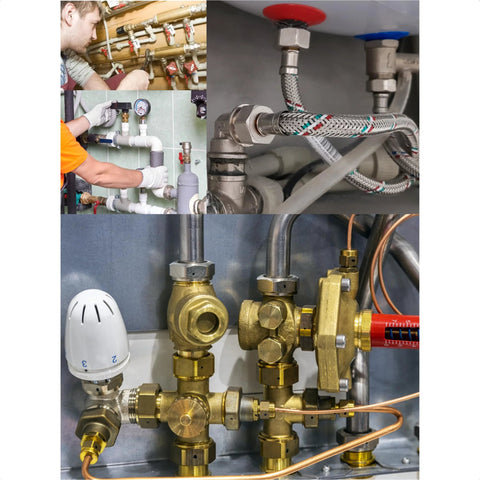 Brass reducing coupling 1/2 in female to 1 in female NPT; collage of under-sink plumbing with braided lines and valves.