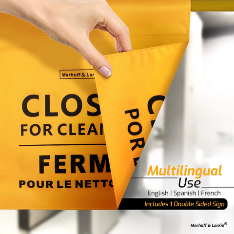 Expandable No Frills Multilingual Closed For Cleaning Sign for doors, showing English and French text, yellow, double-sided.