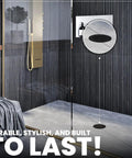 Matte Black 4 1/4 Inch Snap-In Shower Drain Cover in modern bathroom, round grate replacement, durable solid brass, 4.25 Inch OD strainer.