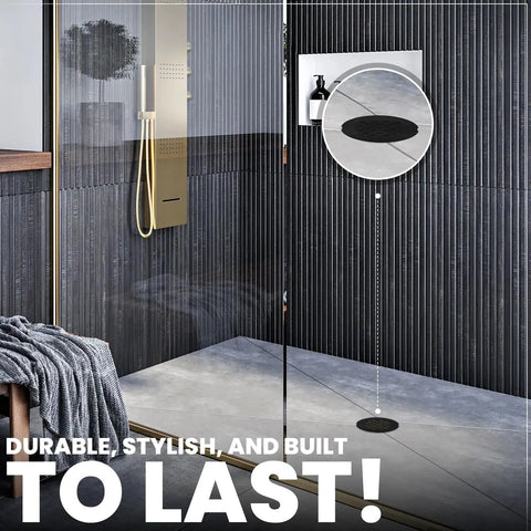 Matte Black 4 1/4 Inch Snap-In Shower Drain Cover in modern bathroom, round grate replacement, durable solid brass, 4.25 Inch OD strainer.