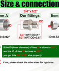 Heavy Duty 3/4 To 1/2 Inch NPT Hex Reducing Nipple Fitting Adapter In 304 Stainless Steel MNPT Pipe Connector Built To Last For Durable Plumbing And Easy Leak Free 3/4 Inch Male To 1/2 Inch Male Threads showing 3/4 x 1/2 size chart