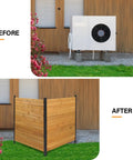 Before and after of Outdoor Privacy Screen No Dig Wood Garden Fence With Iron Frame, Weatherproof Two Panel Enclosure