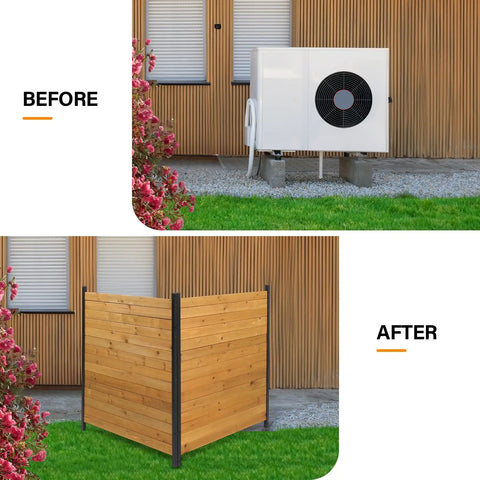 Before and after of Outdoor Privacy Screen No Dig Wood Garden Fence With Iron Frame, Weatherproof Two Panel Enclosure