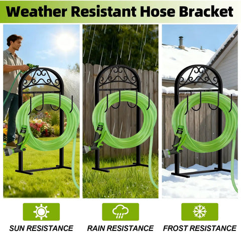 Garden Hose Holder Stand Rustproof Freestanding Heavy Duty With Beefy Metal Frame And Hanger For Outdoor Yard Storage weather-resistant in sun, rain, and frost conditions