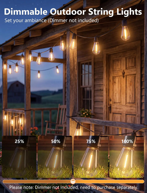 48Ft Outdoor String Lights With 16 LED Warm White Bulbs illuminating a rustic porch at different dimming levels