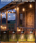 96ft Waterproof Outdoor String Lights With 32 Warm White LEDs, black wire hanging on a porch, showing dimmable lighting settings.