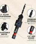 Close-up of a 22-Piece Countersink Drill Bit with 2-flute design, HSS material, adjustable depth, and 1/4 inch hex shank.