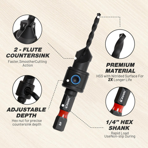 Close-up of a 22-Piece Countersink Drill Bit with 2-flute design, HSS material, adjustable depth, and 1/4 inch hex shank.