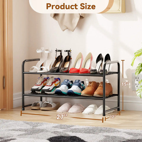 Two Tier Metal Shoe Rack Organizer For Closet And Garage, 27 Inch Wide, Stackable Space Saver, with shoes and slippers displayed
