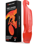 Real Deal No Scratch Bike Tire Levers Set Of Two For Smooth Bicycle Wheel Maintenance And Quick Road Mountain Gravel Tire Changes Compact Design That Snaps Securely shown with packaging.