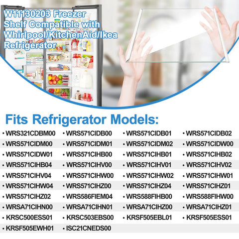 Upgraded W11130203 Freezer Glass Shelf Replacement holds by hand, compatible with multiple refrigerator models.