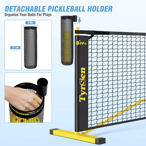 Portable Pickleball Net For Driveway 22 Foot Regulation Size Or 11 Foot Half Court Size With Ball Collector 2 In 1 Net With Carry Bag For Outdoor And Indoor Garages Ideal For Backyard Play Quick Setup And Takedown Durable Weather Resistant illustration showing detachable pickleball holder and carrying bag.