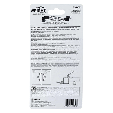 Back packaging of Adjustable Self-Closing Door Hinges for Storm and Screen Doors 2-3/4 Inch Zinc Plated V650ZP by Wright Products