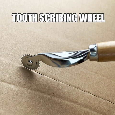 Top Tier 5 Piece Box Resizer Kit Featuring Scoring Wheel Perforator showcasing a metal tooth scribing wheel on cardboard.