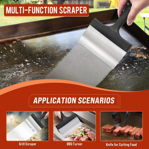 Griddle Cleaning Kit For Blackstone Flat Top Grill With Grill Stone Scraper shown on griddle with scenarios of use.