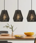 Modern Woven Pendant Light Fixtures Set Of 3 7 Inch Matte Black Dope Boho Farmhouse Coastal Hanging Lamps With Handwoven Rattan Basket Shades