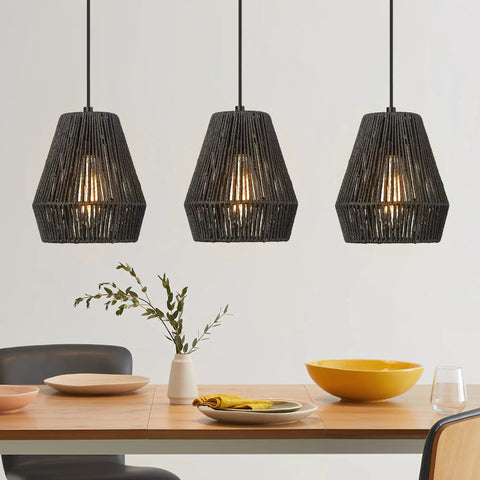 Modern Woven Pendant Light Fixtures Set Of 3 7 Inch Matte Black Dope Boho Farmhouse Coastal Hanging Lamps With Handwoven Rattan Basket Shades