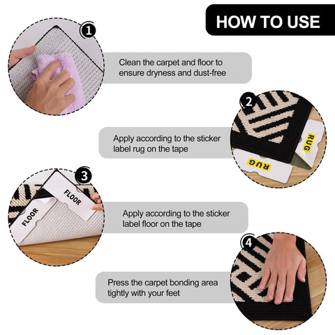 Instructions for using 24 Pack Rug Gripper Pads And Double Sided Carpet Tape For Area Rugs, step-by-step application guide.