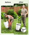 Before and after using Heavy Duty Plant Caddy With Wheels Featuring Ergonomic Y Shape Handle and Non Slip Grip.