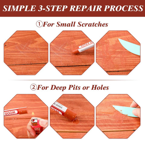 Image showing step-by-step use of 100 Pcs Wood Filler Sticks With 50 Colors For DIY Quick Scratch Repair On Wood Furniture Floors Cabinets Tables And Doors.