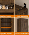 Features of Heavy Duty 71 Inch Tall Farmhouse Pantry Cabinet With Genuine Barn Doors And Adjustable Shelves, showcasing drawer, shelves, and anti-tipping kit.