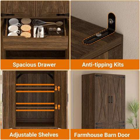 Features of Heavy Duty 71 Inch Tall Farmhouse Pantry Cabinet With Genuine Barn Doors And Adjustable Shelves, showcasing drawer, shelves, and anti-tipping kit.