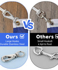 3.5-inch stainless steel swivel snap hook on rope with flag; left shows larger rust-resistant hook, right shows smaller rust-prone hook.