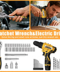 Heavy Duty 299 Piece Tool Kit With 12V Cordless Drill And Spacious Sliding Drawer Case featuring ratchet wrench and drill.
