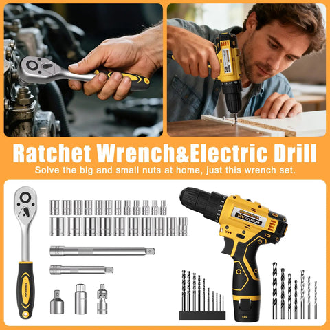 Heavy Duty 299 Piece Tool Kit With 12V Cordless Drill And Spacious Sliding Drawer Case featuring ratchet wrench and drill.