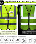 Bulk 30 Pack High Visibility Reflective Safety Vests With Pockets For Men And Women Neon Yellow Size L Mesh Construction 360 Degree Visibility displayed front and back, highlight reflective strips.