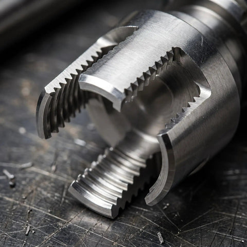 Close-up of die from 6-In-1 Heavy-Duty PVC Pipe Threading Tool Kit With Reinforced Hardened Alloy Internal And External Threaders