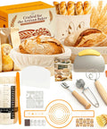 All In One Sourdough Starter Kit For Beginners with manual, banneton proofing baskets, bread sling, jar, whisk, scrapers, and bag.