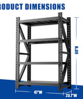 Hella Tough Heavy Duty Garage Shelving Rack With Cold Rolled Steel Frame And Massive Four Thousand Pound Load Capacity showing product dimensions 69" height, 47" width, 23.7" depth.