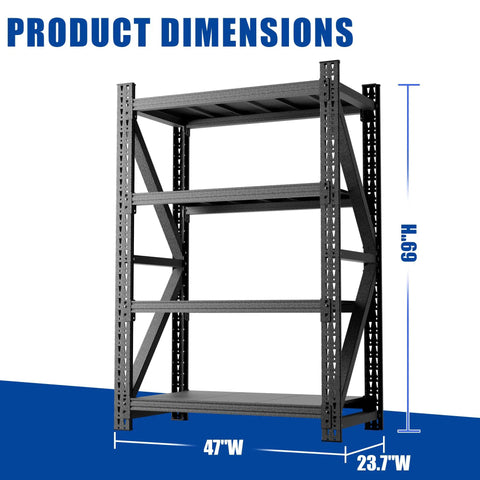 Hella Tough Heavy Duty Garage Shelving Rack With Cold Rolled Steel Frame And Massive Four Thousand Pound Load Capacity showing product dimensions 69" height, 47" width, 23.7" depth.