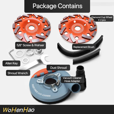 Dust Shroud For Angle Grinder 4.5 To 5 Inch Kit with 2 Diamond Grinding Cup Wheels, Replacement Brush, and Accessories