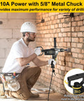 Worker using Beast Mode 10 Amp Corded Drill Mixer Kit With Five Eighth Inch Chuck Spade Handle to drill into brick wall.