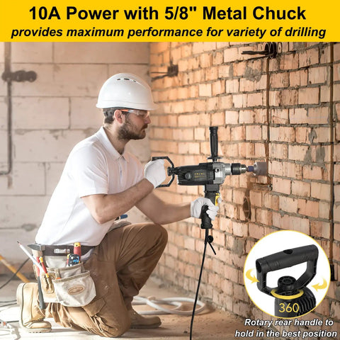 Worker using Beast Mode 10 Amp Corded Drill Mixer Kit With Five Eighth Inch Chuck Spade Handle to drill into brick wall.