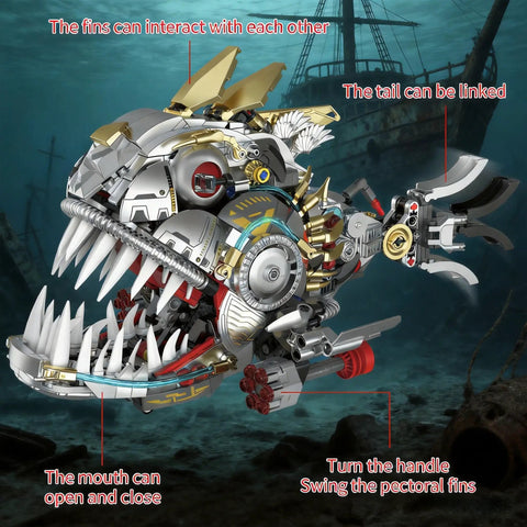 Mechanical Piranha Building Set With Multi Joint Linkage Fish That Works With Lego Animal Bricks Dope For Book Shelves Or Home Office Decor STEM Ocean Creature Toy For Boys Age 8 Plus Creative Gift For Fish Lovers, open mouth and linked tail