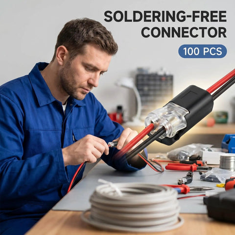 Man using Two Pin Quick Clip Wire Connectors With Locking Buckle for Quick DIY Wiring, 100 Pack Snap On Plug In Blocks