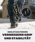 Battle Ready Ice Traction Cleats For Walking Running And Hiking Stainless Steel Spring Coils on shoe in snow.