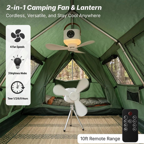 Top Rated Portable Ceiling Fan And Battery Operated Tent Fan Crafted For Campers Craving Straight Up Chill Airflow And No Sweat Remote Control For A Sweet Weekend Getaway inside a tent with 4 fan speeds.