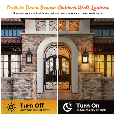 Two Pack Dusk To Dawn Outdoor Wall Lanterns In Black Matte Aluminum showing off and on modes at a doorway.