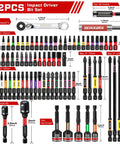 82 Piece Impact Screwdriver Bits Set with Magnetic S2 Steel Bits includes Phillips, Square, Torx, Hex, mini wrench, nut driver.