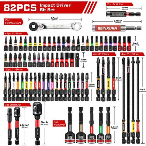 82 Piece Impact Screwdriver Bits Set with Magnetic S2 Steel Bits includes Phillips, Square, Torx, Hex, mini wrench, nut driver.