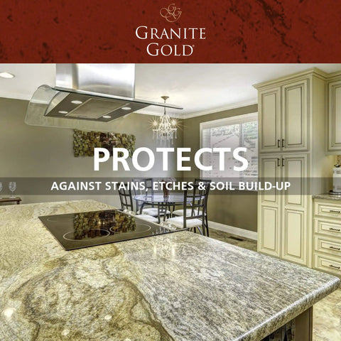 Granite kitchen countertop protected by Water Based Sealer Spray For Granite Marble Travertine And Natural Stone Countertops 24 Fl Oz 1 Pack