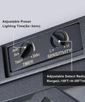 Close-up of control panel on Adjustable Outdoor Motion Sensor Ceiling Light With Ten Inch Flush Mount Sleek Square Modern Industrial Design Two Light Clear Glass For Porch Garage Patio Hallway Entryway, showing timer and sensitivity dials.