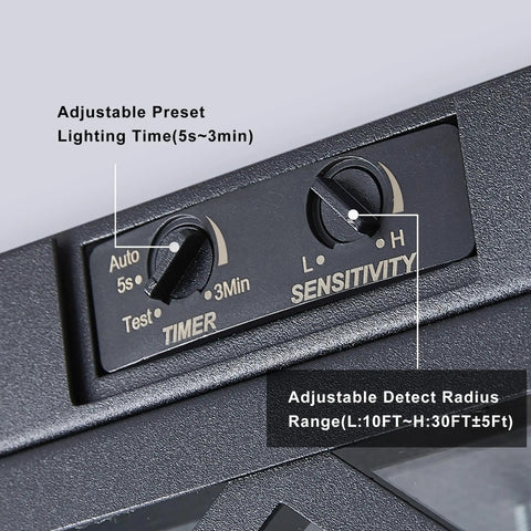 Close-up of control panel on Adjustable Outdoor Motion Sensor Ceiling Light With Ten Inch Flush Mount Sleek Square Modern Industrial Design Two Light Clear Glass For Porch Garage Patio Hallway Entryway, showing timer and sensitivity dials.